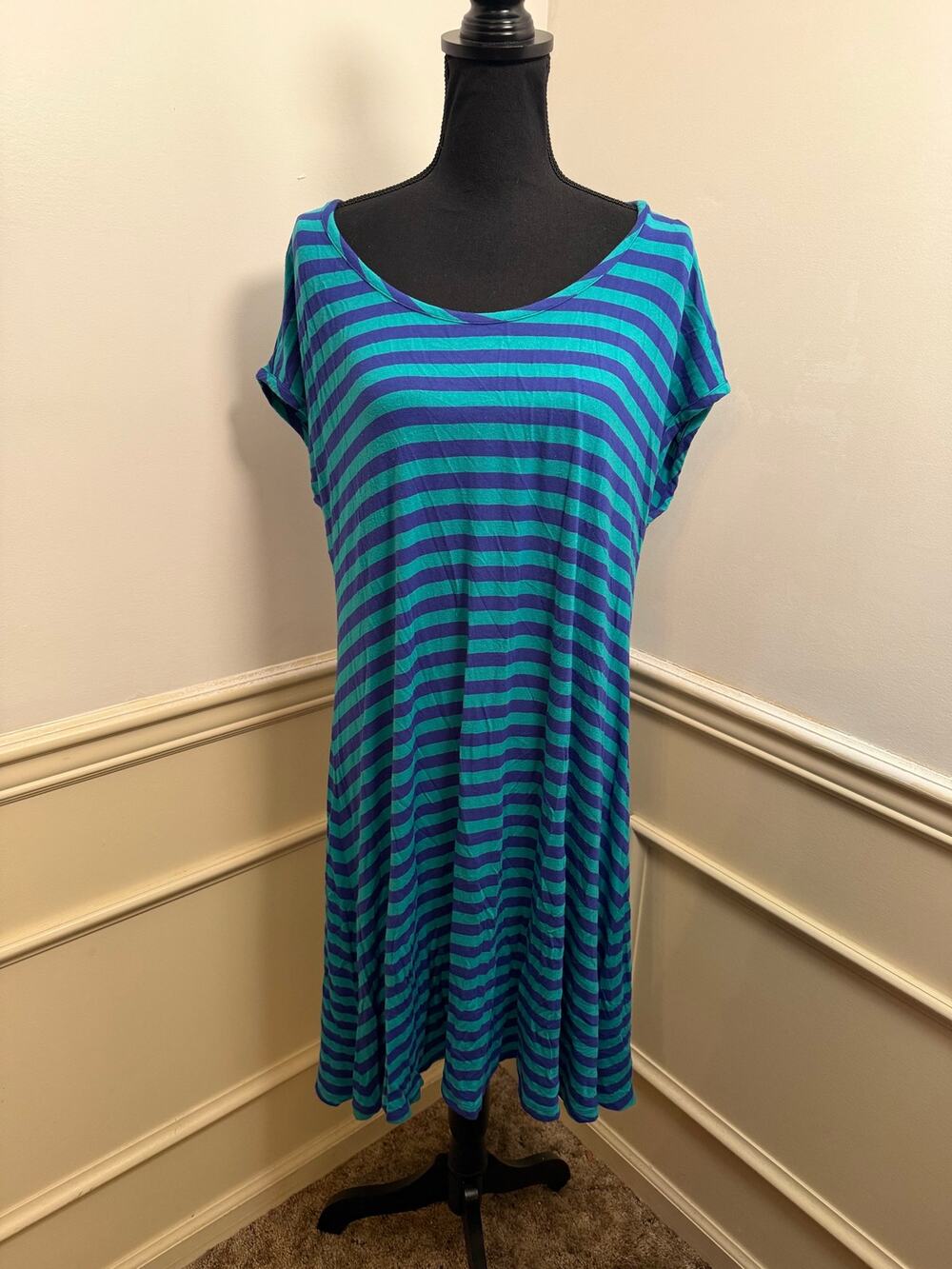 Addition Elle Plus Size Teal & Purple Striped Knit T-Shirt Swing Dress Casual